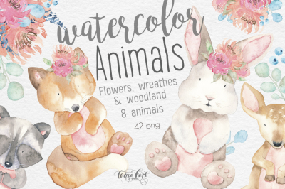 Watercolor Animals, Flowers Clipart