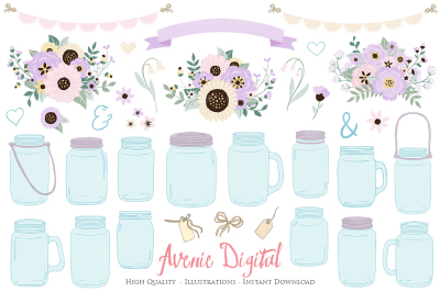 Lilac Mason Jar Floral Light Purple Wedding Clipart 