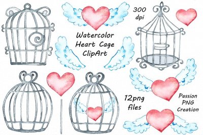 Watercolor Heart Cage Clipart