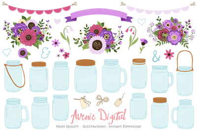 Purple Mason Jar Floral Wedding Clipart 