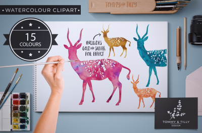 Antelope - 15 Watercolour & Foil Effect Clipart PNGs