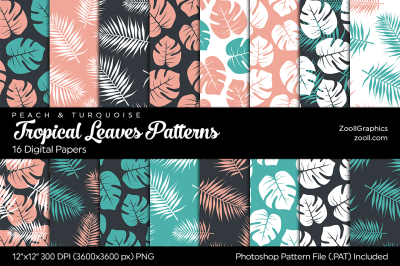 Tropical Leaves Digital Papers Peach & Turquoise