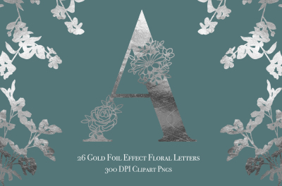 Set of 26 Silver Foil Effect Floral Letters - Clip Art PNGs