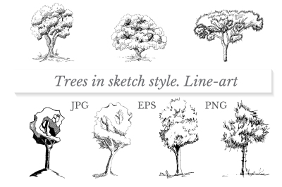 Set of trees in sketch style. Line-art.