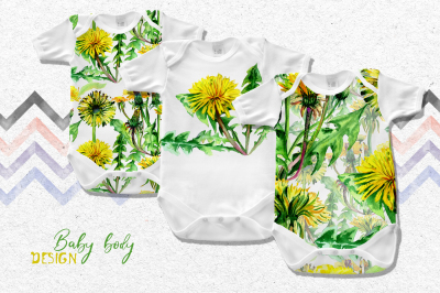 Bright yellow dandelion PNG watercolor set