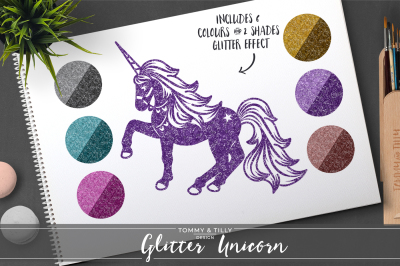 Glitter Unicorn Clipart Set - 6 Colours - PNG