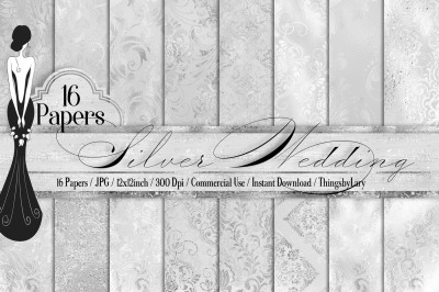 16 Silver Wedding Shimmer Distressed Foil Damask Digital Papers