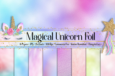 16 Iridescent Magical Unicorn Mermaid Foil Digital Papers