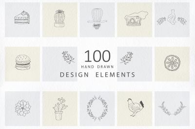 100 Hand drawn design elements. Logos.