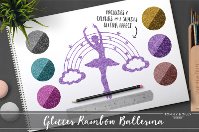 Glitter Rainbow Ballerina Clipart Set - 6 Colours - PNG