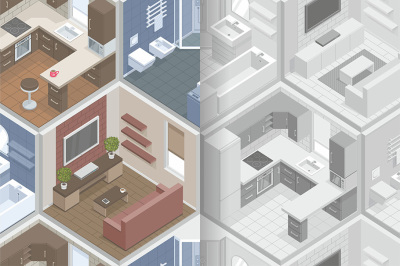 Seamless pattern with isometric rooms