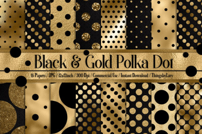 16 luxury black and gold polka dot digital papers