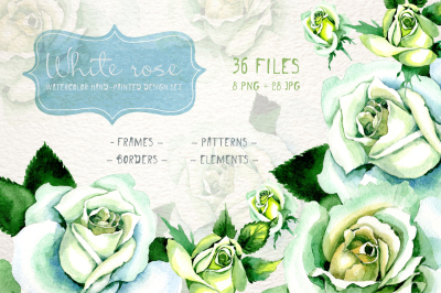 White rose watercolor PNG flower set