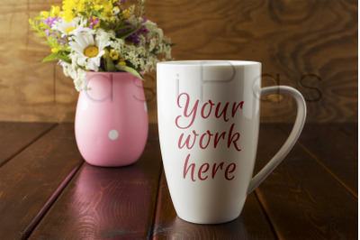 White coffee cappuccino mug rustic mockup with wildflowers in pink vas