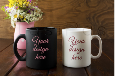 White and black mug rustic mockup with wildflowers in pink vase