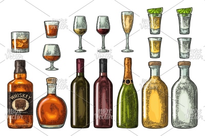 Set glass and bottle whiskey, wine, tequila, cognac, champagne. Vector
