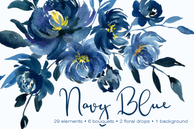 Navy Blue Watercolor Peonies Flowers