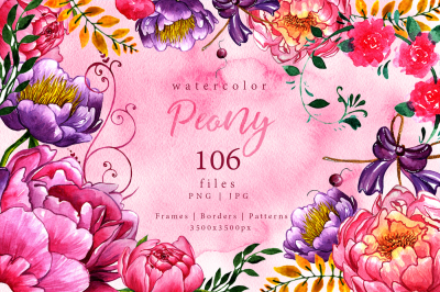 Exquisite peonies PNG watercolor flower set