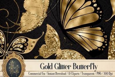 15 Gold Glitter Foil Butterfly Clip Arts