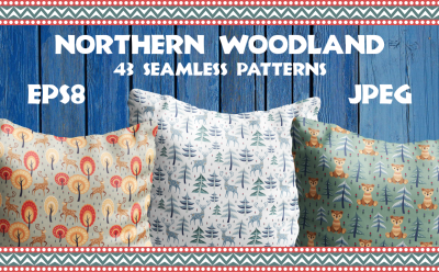 Northern woodland. Seamless patterns with cute animals.