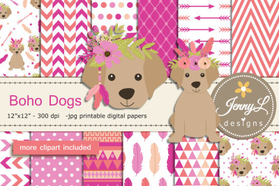 Boho Dogs Digital Papers & Clipart