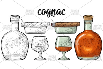 Bottle, glass, cigar and ashtray. Handwriting lettering cognac. Vintag