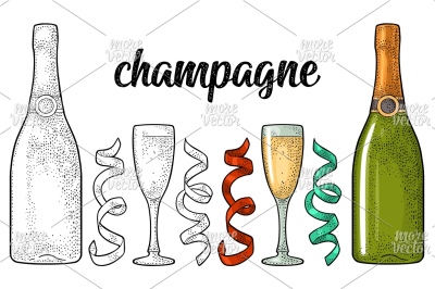 Champagne set. Glass, bottle, serpentine. Vintage vector engraving