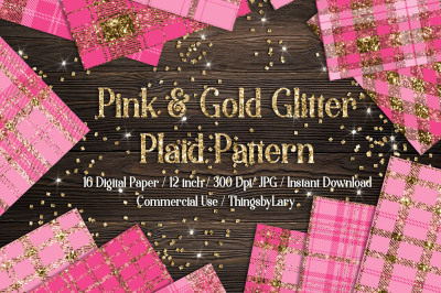 16 Luxury Gold and Pink Glitter Plaid Tartan Digital Papers