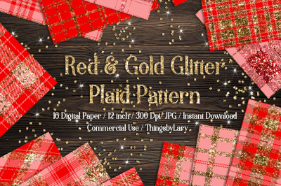 16 Luxury Gold and Red Glitter Plaid Tartan Digital Papers