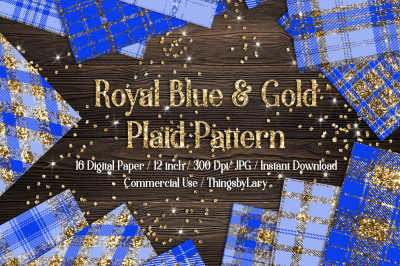 16 Luxury Gold and Royal Blue Glitter Plaid Tartan Digital Papers