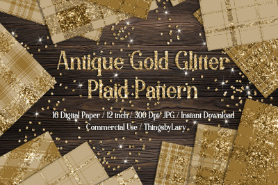 16 Antique Gold Glitter Plaid Tartan Digital Papers