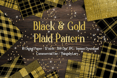 16 Black and Gold Glitter Tartan Plaid Gingham Check Digital Papers