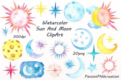 Watercolor Sun, Moon Clipart