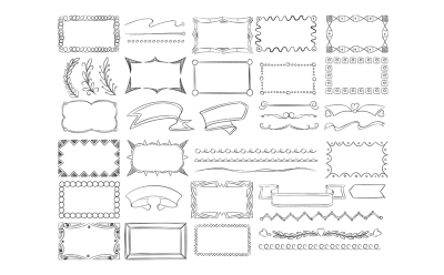 Doodle frame borders, hand drawn ribbon banners and sketch design 
