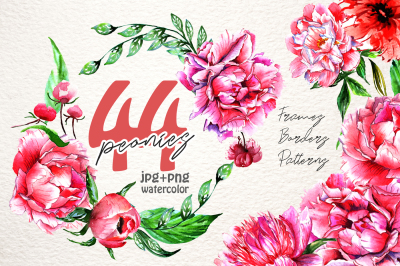 Lovely pink peony PNG watercolor set