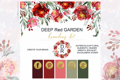 Deep red garden.  Watercolor Branding kit.