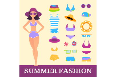 Beach fashion. Girl and miscellaneous clothes accessories