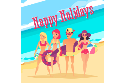 Happy holidays. Group of young people on the beach