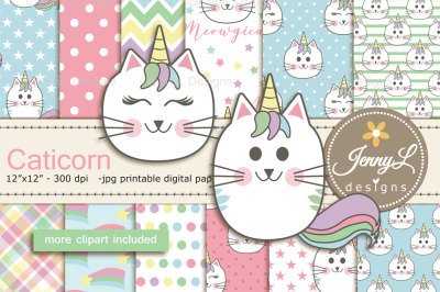 Caticorn Digital Papers, Cat Clipart, Unicorn Cat, KittyCorn