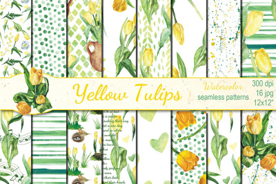 Watercolor Yellow tulips seamless patterns