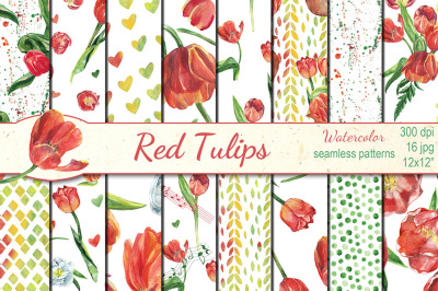 Watercolor Red tulips seamless patterns