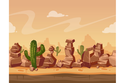 Vector cartoon seamless landscape with stones and cactus