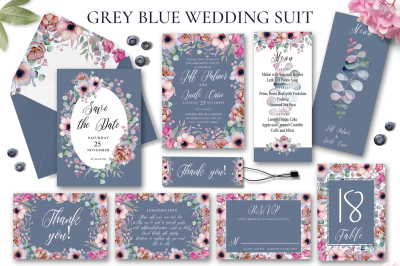 Floral Gray Blue Wedding Invitation Suit