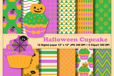 Halloween Digital Paper, Pumpkin Digital Paper, Halloween Cupcake.