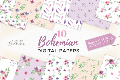 Watercolor Floral Patterns Bohemian Boho Digital Papers Purple Feather