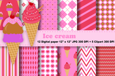 Ice cream Digital Paper, Summer Digital Paper, Dessert Digital Paper.