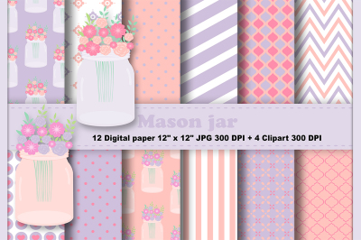 Mason Jars Digital Paper, Floral Background, Flowers Pattern.
