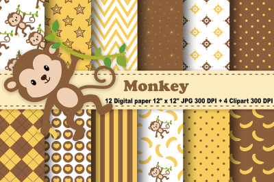 Monkey Digital Paper, Animals Background, Banana Pattern.