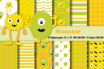 Monster digital Paper, Monsters Scrapbooking Papers, Monsters Party.