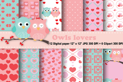 Owl Lovers Digital Paper, Owls Digital Paper, valentine digital paper.